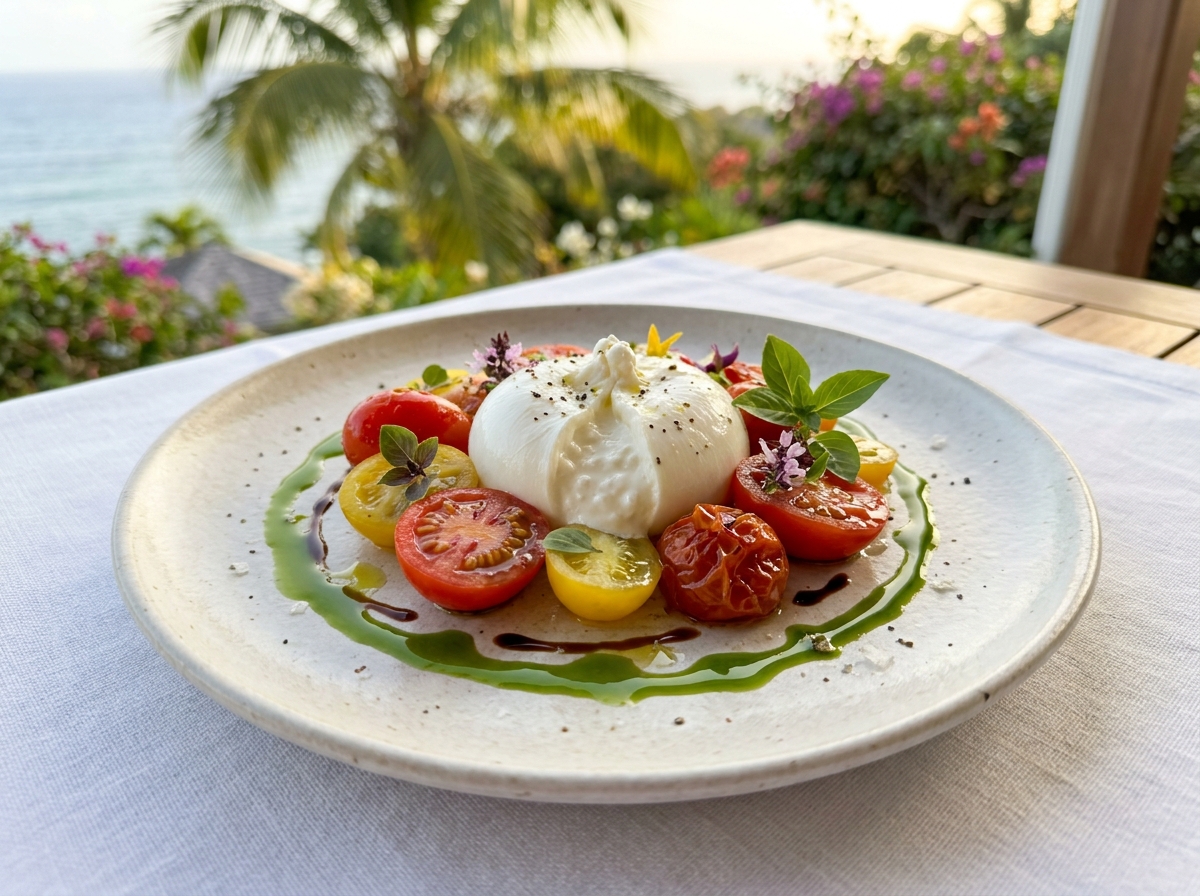 Burrata Crémeuse, Pomodorini Cherry Confit & Coulis di Basilico