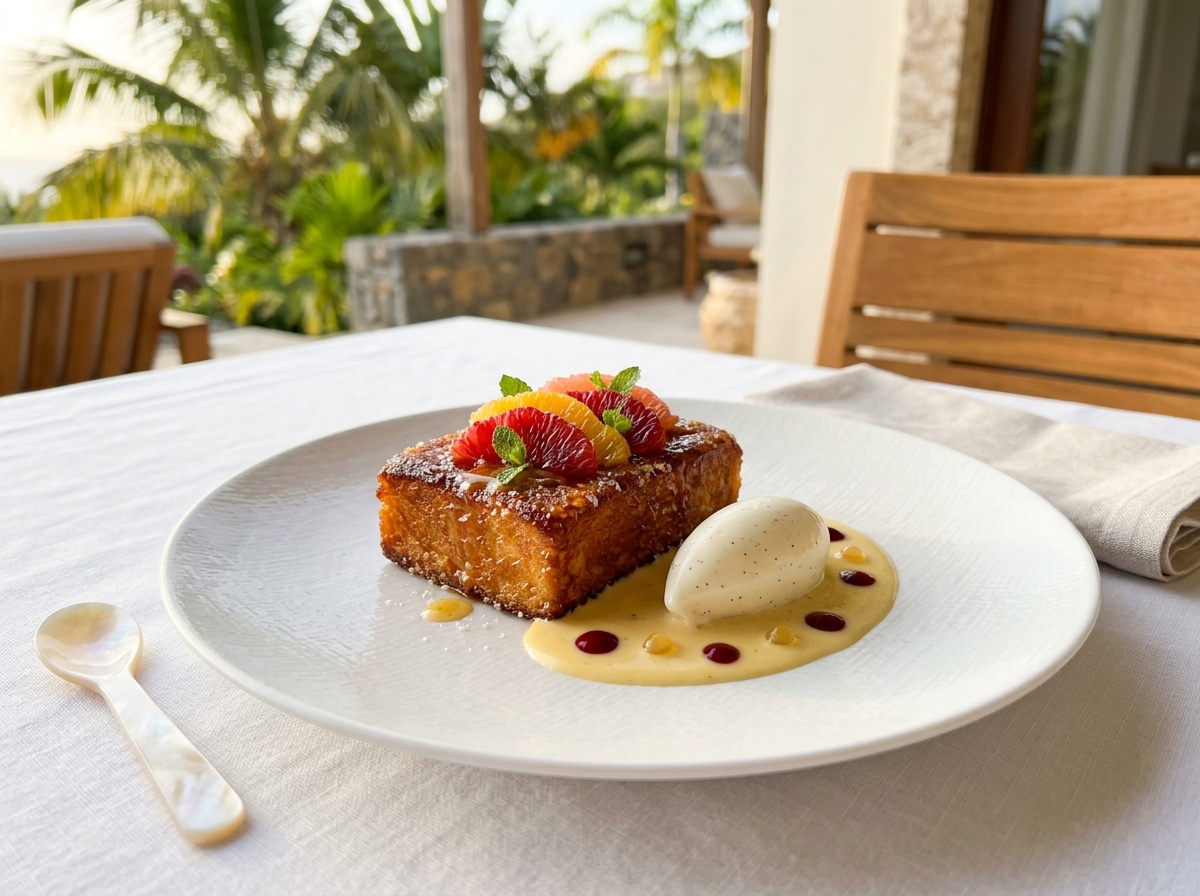 Pain Perdu Caramélisé aux Suprêmes d'Agrumes & Quenelle de Gelato Bourbon